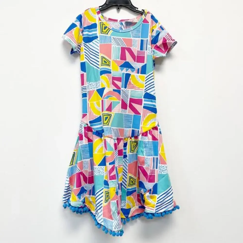 Dot Dot Smile‎ Girls Geometric Print Flapper Dress Pom-Pom Trim Size 7